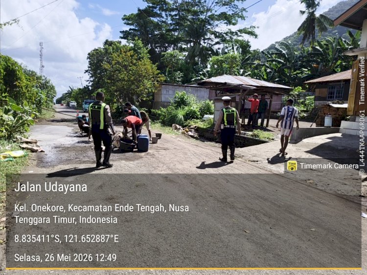 Kapolres Ende dan Jajaran Kolaborasi dengan Warga Tambal Jalan Berlubang